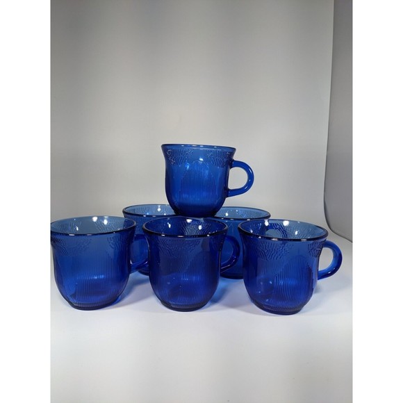 1950s Set of 6 ForteCrisa Mexico Sunflower Design Cobalt Blue Glass Coffee Cups - Picture 7 of 10